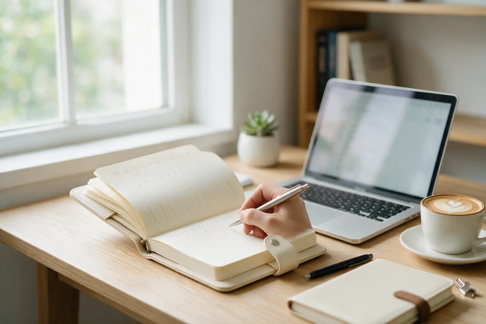 A notebook with a checklist, a laptop and a cup of coffee on a desk